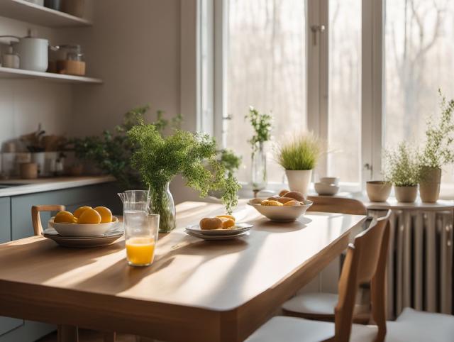 A calm kitchen table with a simple breakfast and a glass of water in morning light