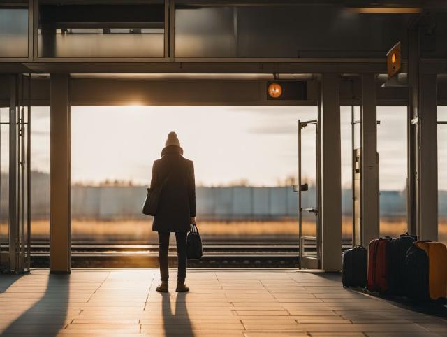 Un călător stând calm pe un peron de tren cu o geantă și o băutură caldă