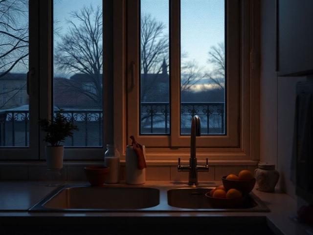 Quiet kitchen sink after dinner with the balcony door closed