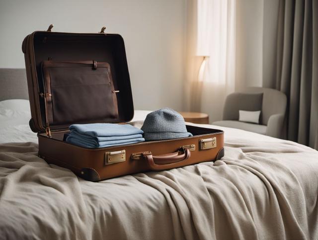 정리된 옷과 여권, 물잔이 놓인 침대 위의 열린 여행 가방