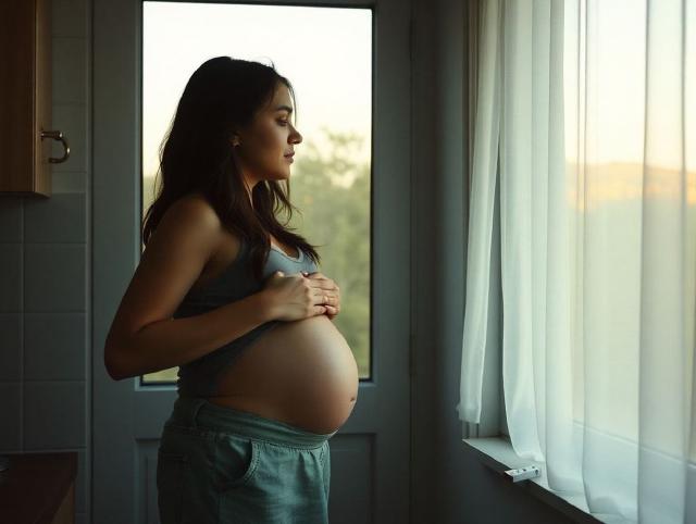 A pregnant woman beside a kitchen window and an untouched cigarette pack