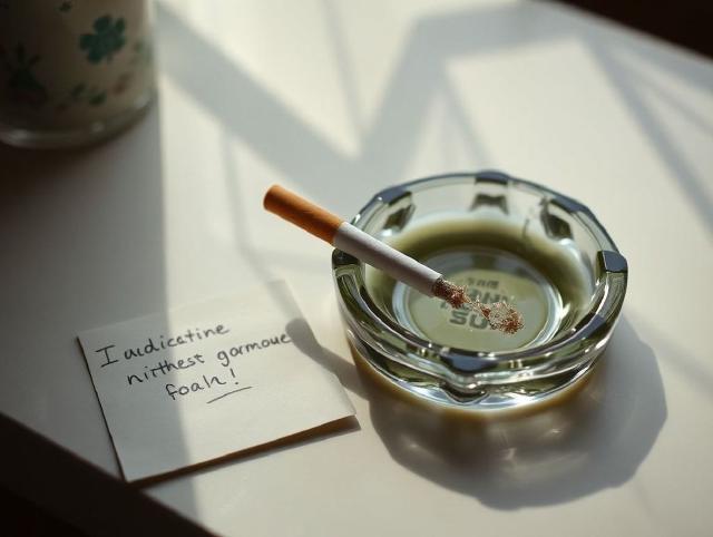 Een sigaret naast een asbak en een handgeschreven aantekening over nicotine