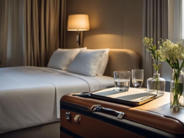 ห้องพักโรงแรมที่เงียบสงบ มีการ์ดคีย์วางบนโต๊ะ กระเป๋าใกล้เตียง และแก้วน้ำหนึ่งใบ