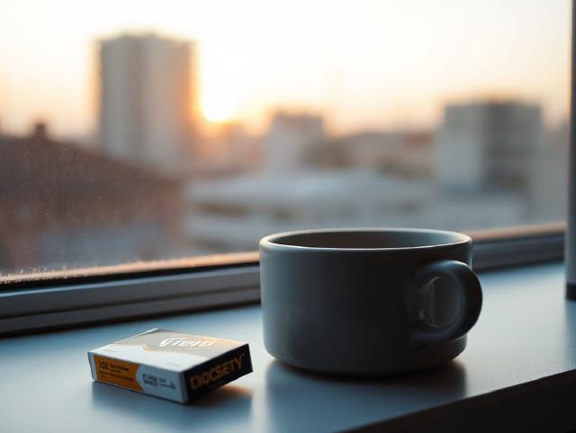 Een sigarettenpakje naast een kop ochtendkoffie op de vensterbank van een kantoor