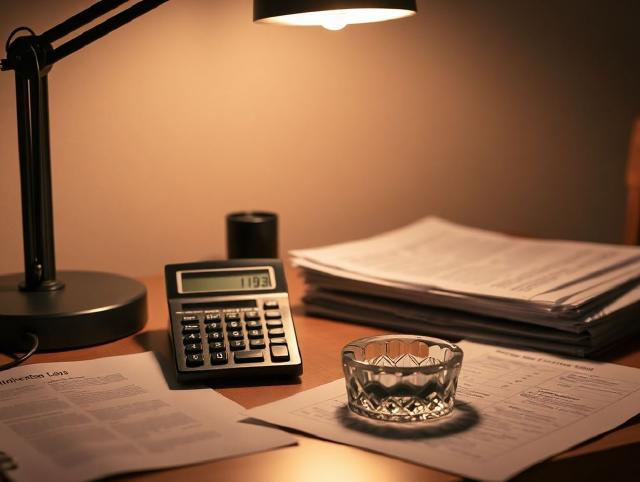 Rekenmachine, asbak en kantoorpapieren onder het harde licht van een bureaulamp