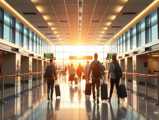 Potniki se premikajo skozi svetel hodnik potniške kontrole po pristanku