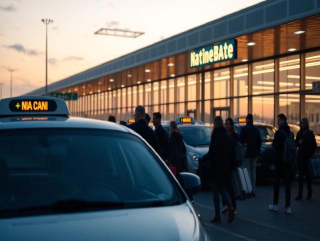 Călători care așteaptă liniștiți într-o coadă de taxi în fața unui terminal de aeroport