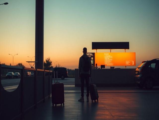 Um viajante esperando calmamente no balcão de retirada de carro alugado com bagagem