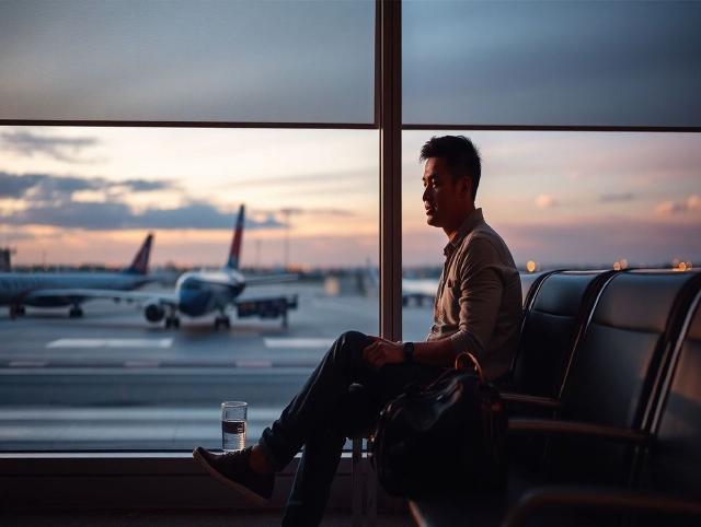 מטייל רגוע יושב ליד חלון נמל תעופה בזמן המתנה, עם תיק וכוס מים