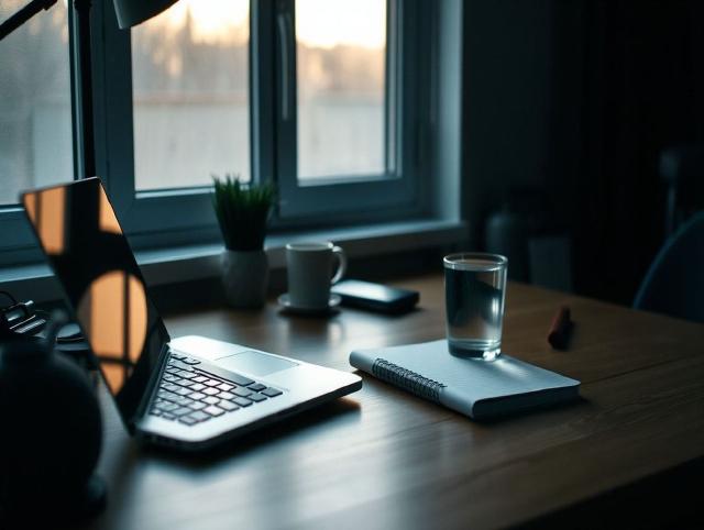 Ein ruhiger Schreibtisch mit Laptop, Notizbuch und einem Glas Wasser vor dem Beginn einer schwierigen Aufgabe