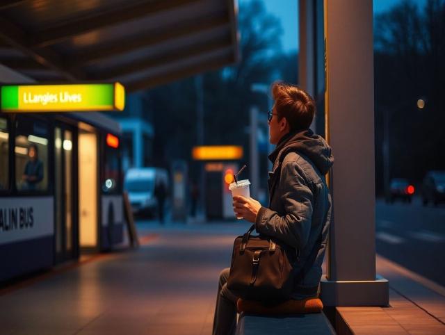 Cestujúci pokojne čaká na autobusovej stanici s malou taškou a teplým nápojom