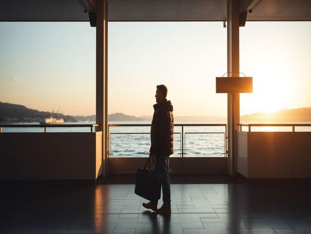 Ramus keliautojas laukia keltų terminale su lagaminu ir bilietu