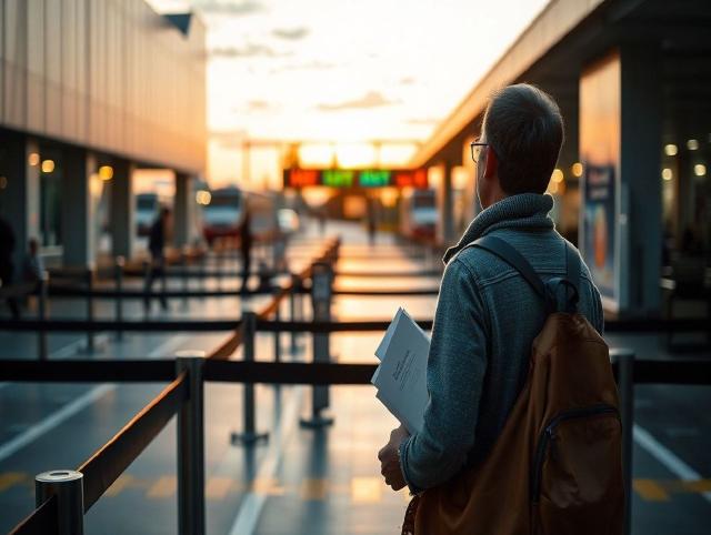 A traveler waiting calmly in a slow-moving border crossing line with documents in hand