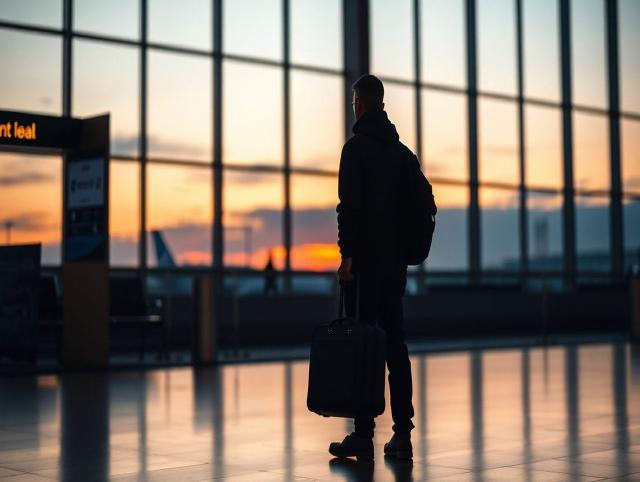 A traveler standing calmly near an arrivals area with a bag while waiting for a ride