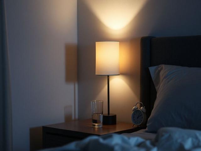 A quiet bedroom at night with soft light, a glass of water, and an alarm clock on the bedside table