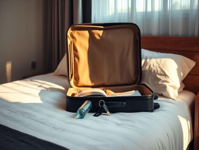 An open suitcase on a hotel bed with a room key, water bottle, and soft morning light