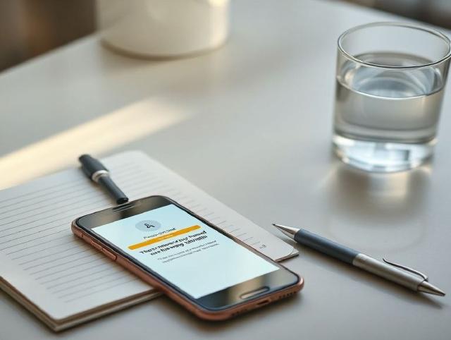 Un teléfono con una alerta de pago junto a una libreta, un bolígrafo y un vaso de agua
