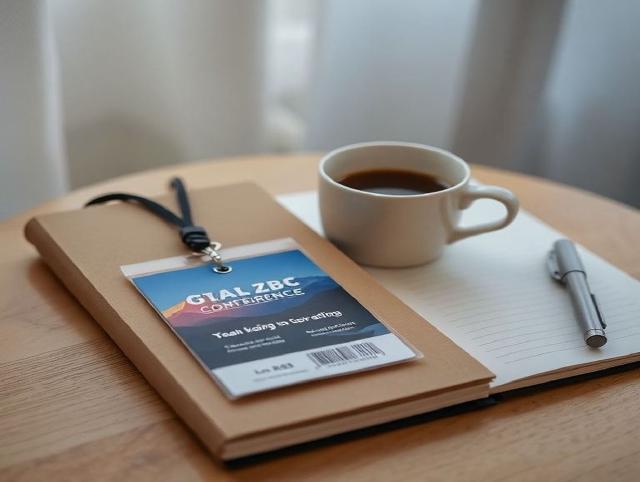 Bir kahve ve defterin yanında asılı kongre yaka kartı