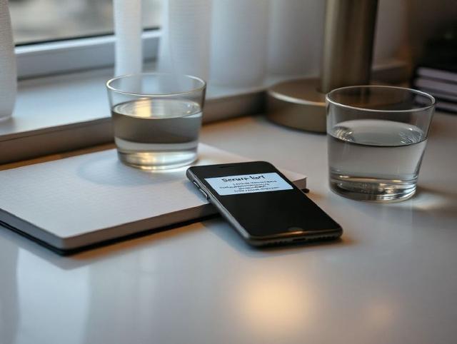 Telefon z alertem bezpieczeństwa obok notesu i szklanki wody na biurku