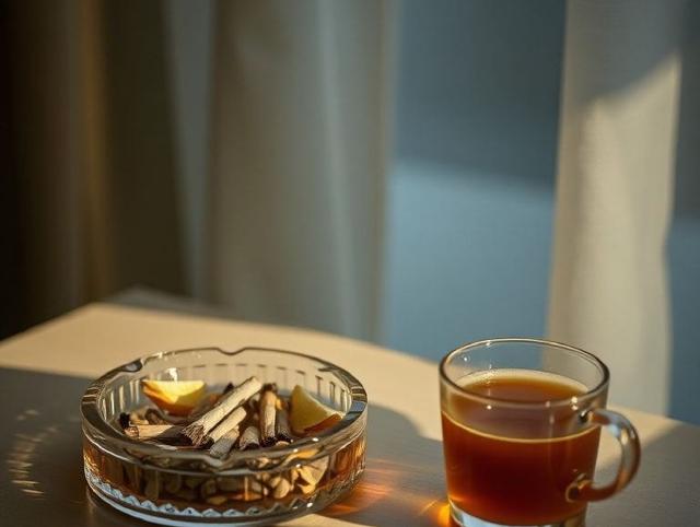 Ein voller Aschenbecher neben einer kalten Tasse Tee in einem stillen Zimmer am Abend