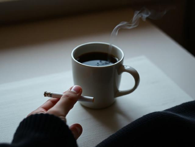 A single cigarette offered beside an untouched coffee cup