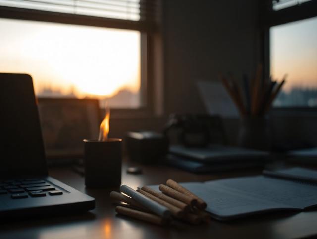 Heated tobacco device beside used sticks on an office desk