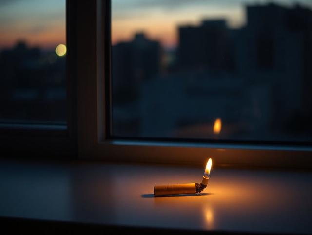 Extinguished cigarette beside a quiet office window at dusk