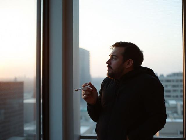 Egy férfi egy el nem gyújtott cigarettát néz egy irodai ablak mellett.
