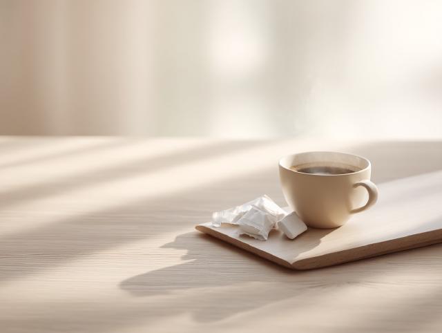 nicotinekauwgom en een kop koffie op tafel