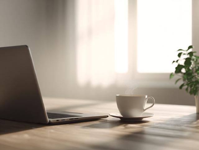 thuiswerkplek met een laptop en een kop thee zonder sigaretten