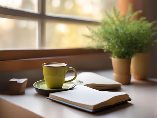 Een rustig bureau met een notitieboek en een warme drank