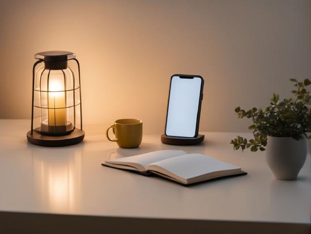 Telefoon op een nachtkastje met een warme drank en een rustige ochtendgloed