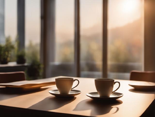 Een opgeruimde eettafel met een warm kopje en zacht avondlicht