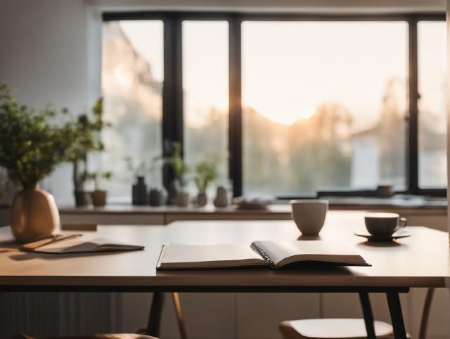 person sitting at a kitchen table with a notebook and a mug, calm and reflective