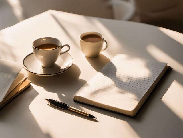 Notebook and pen beside a warm drink, a calm reward without cigarettes