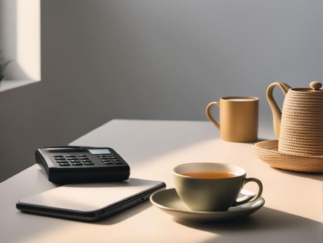 Een telefoon naast een notitieboekje en een kopje thee