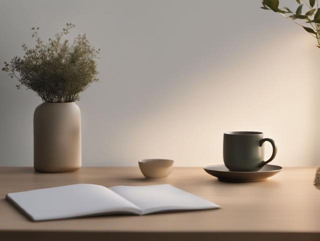 A calm desk with a small notebook, a pencil, and a cup of tea
