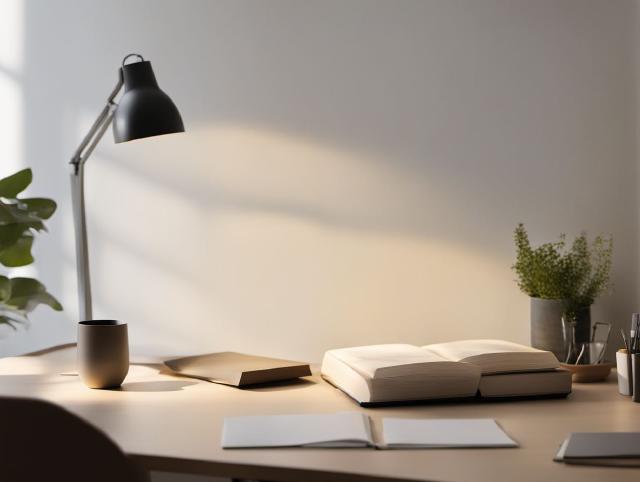 Ein ruhiger Schreibtisch mit Notizbuch, Stift und Morgenlicht