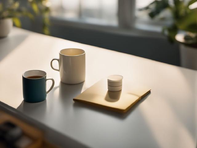 Ein Notizbuch und eine Tasse auf einem Tisch neben einer unberührten Zigarettenschachtel