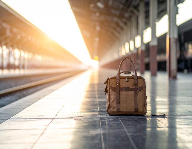 Ein Reisender mit kleinem Gepäck steht ruhig auf einem Bahnsteig bei Sonnenaufgang