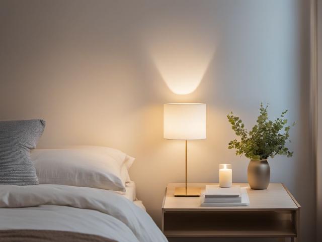 Um quarto silencioso à noite com luz suave e um copo de água no criado-mudo