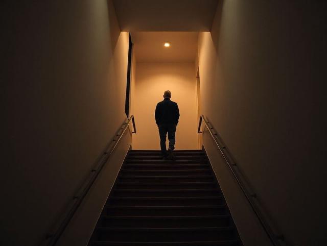 Ein Mann hält oben in einem zehnstöckigen Treppenhaus inne