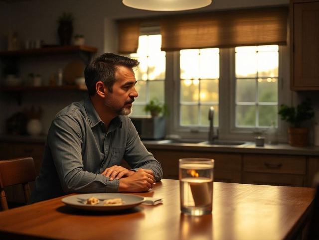 Vater und erwachsener Sohn sprechen leise am Küchentisch