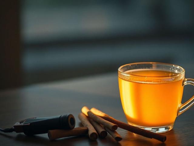 Urządzenie do podgrzewania tytoniu i zużyte wkłady obok wystudzonej filiżanki herbaty