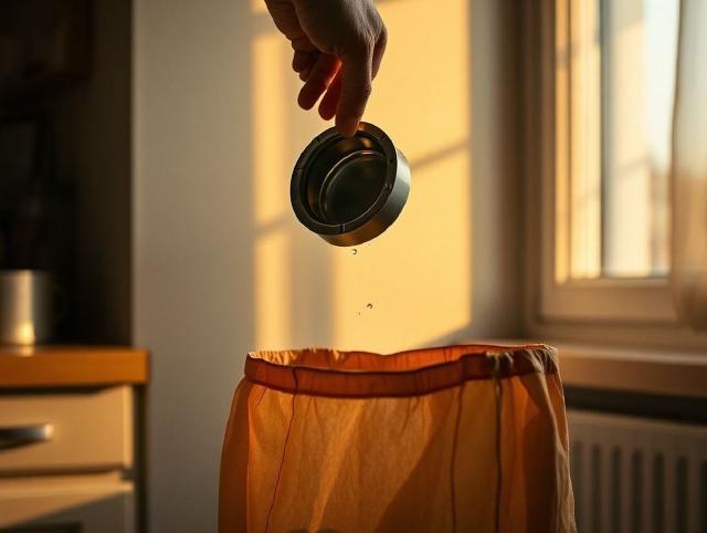 Eine Hand lässt einen alten Aschenbecher in einen Müllbeutel in der Küche sinken