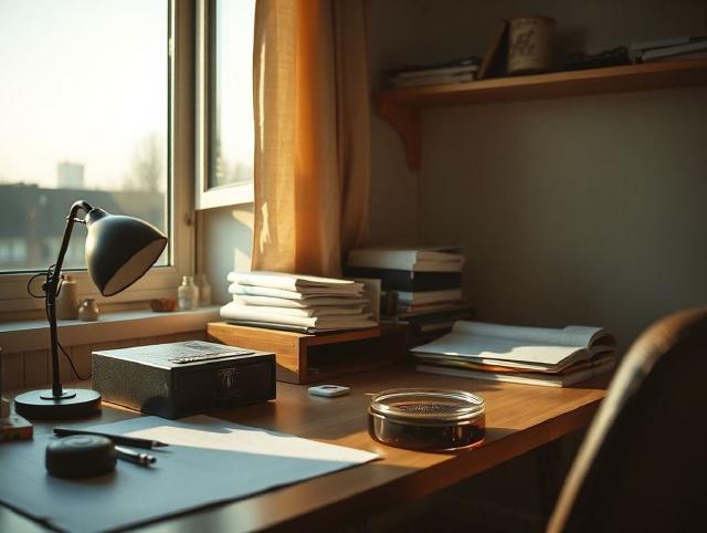 Ein vollgestellter Büroschreibtisch neben einem offenen Fenster und einem Aschenbecher