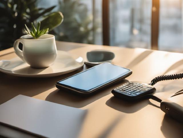A phone on a desk beside a notebook and a glass of water in soft daylight