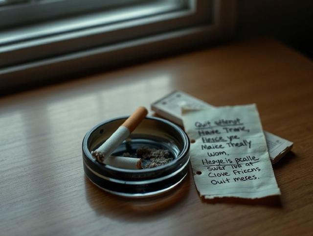 En knust cigaret ved siden af et askebæger og slidte noter fra rygestopforsøg