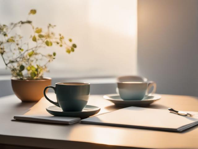 Ein Notizbuch mit einem einfachen Tagesplan neben einer Tasse Tee auf einem ruhigen Schreibtisch