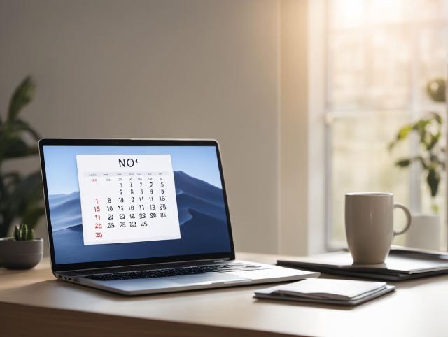 A laptop with a calendar invite on screen beside a notebook and a glass of water